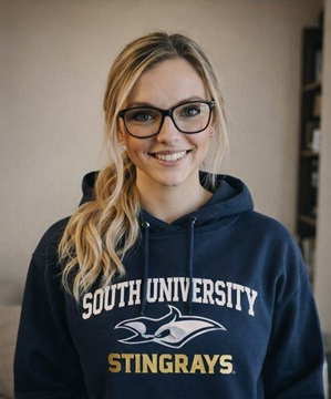 Joanna Wolf headshot in a South University Stingray sweatshirt
