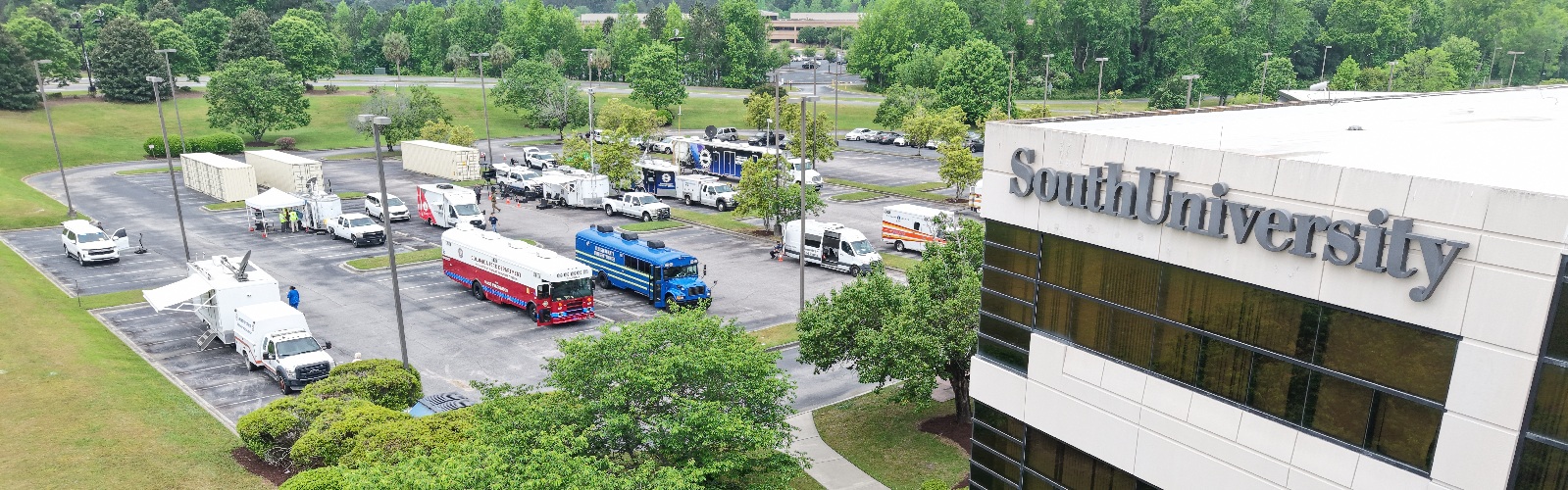 Parking lot with disaster relief vehicles
