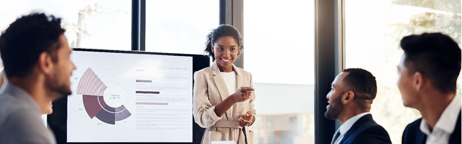 Woman giving presentation to 3 men in leadership meeting