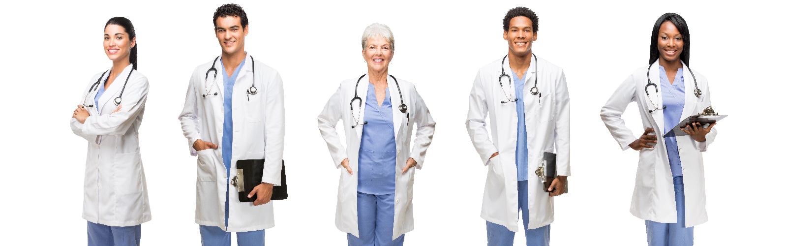 diverse group of nursing professionals standing together in their white coats