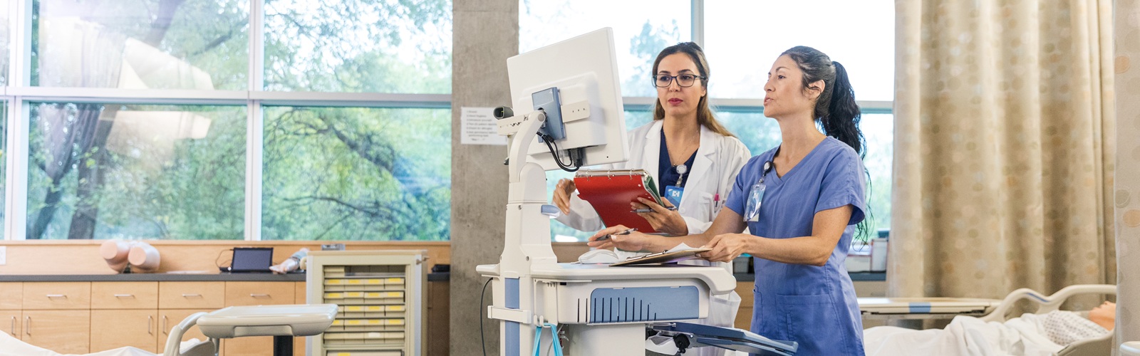 female doctor and nurse looking at a computer in a patient's hospital room