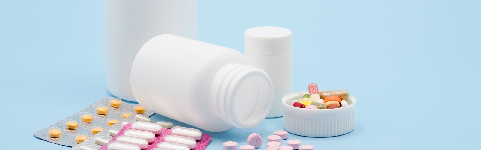 variety of pharmaceuticals displayed on a table