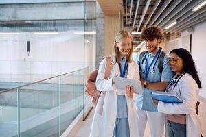 two young women, one blond and one dark haired, and one young man in a hallway wearing blue scrubs discussing paperwork