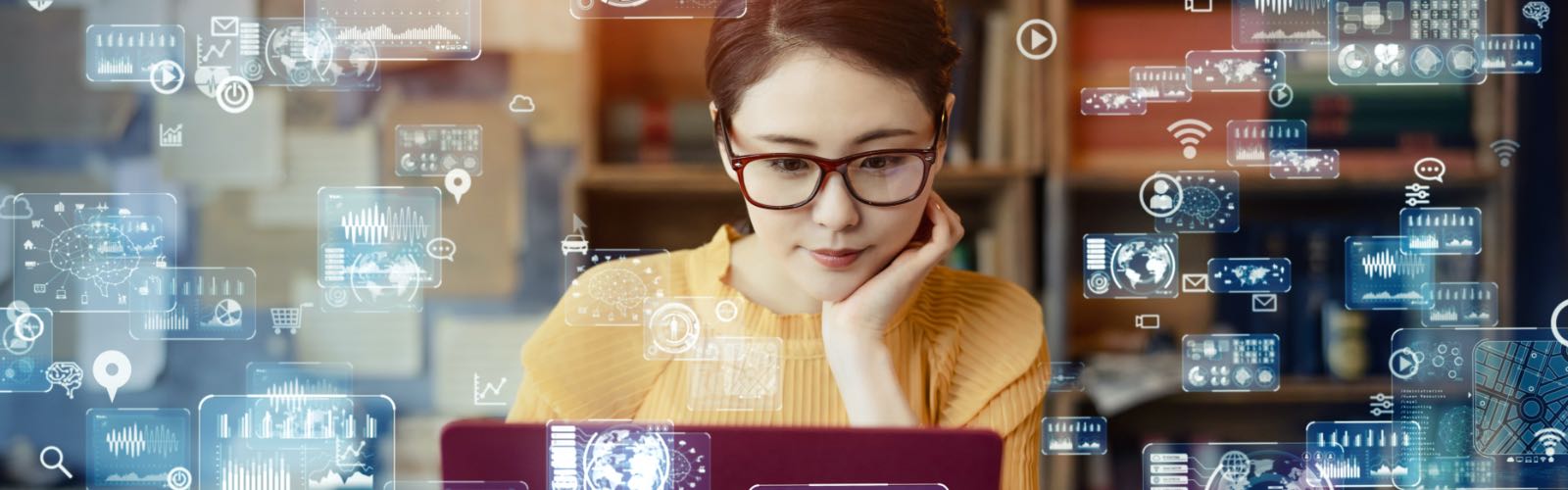 Woman in front of computer thinking of AI.