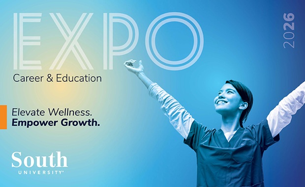 south university career and education expo with a nurse in blue scrubs and white long sleeve shirt
