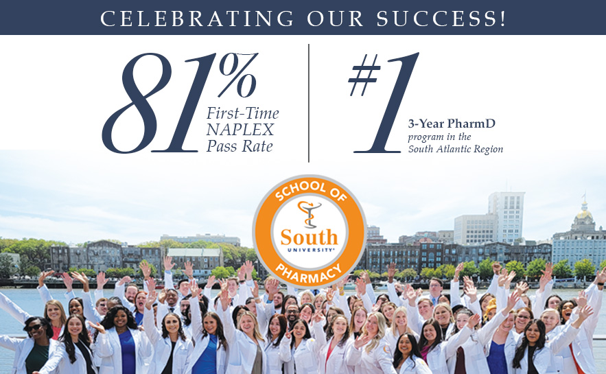 NAPLEX pass rate success banner with group of pharmacy students posing near the Savannah river in their white coats