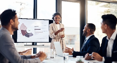 Woman giving presentation to 3 men in leadership meeting