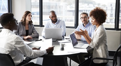 diverse group of professionals having a discussion at a conference table