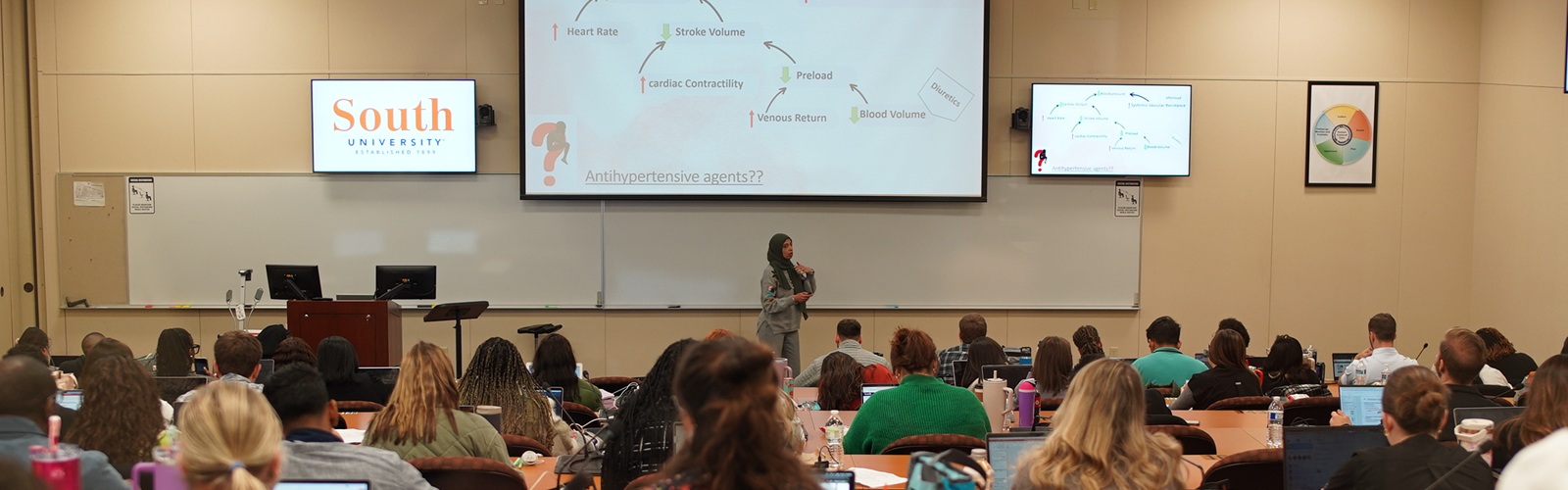 South University classroom filled with students looking at a teacher in the front of the room and 3 screens